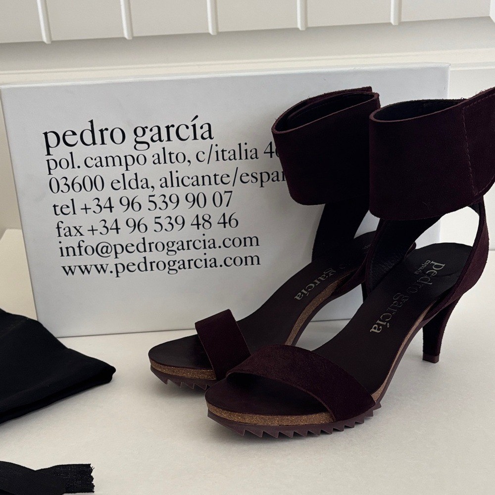 Pedro Garcia Ankle Wrap Suede Leather Heel Sandals Size 39 Open Toe Burgundy