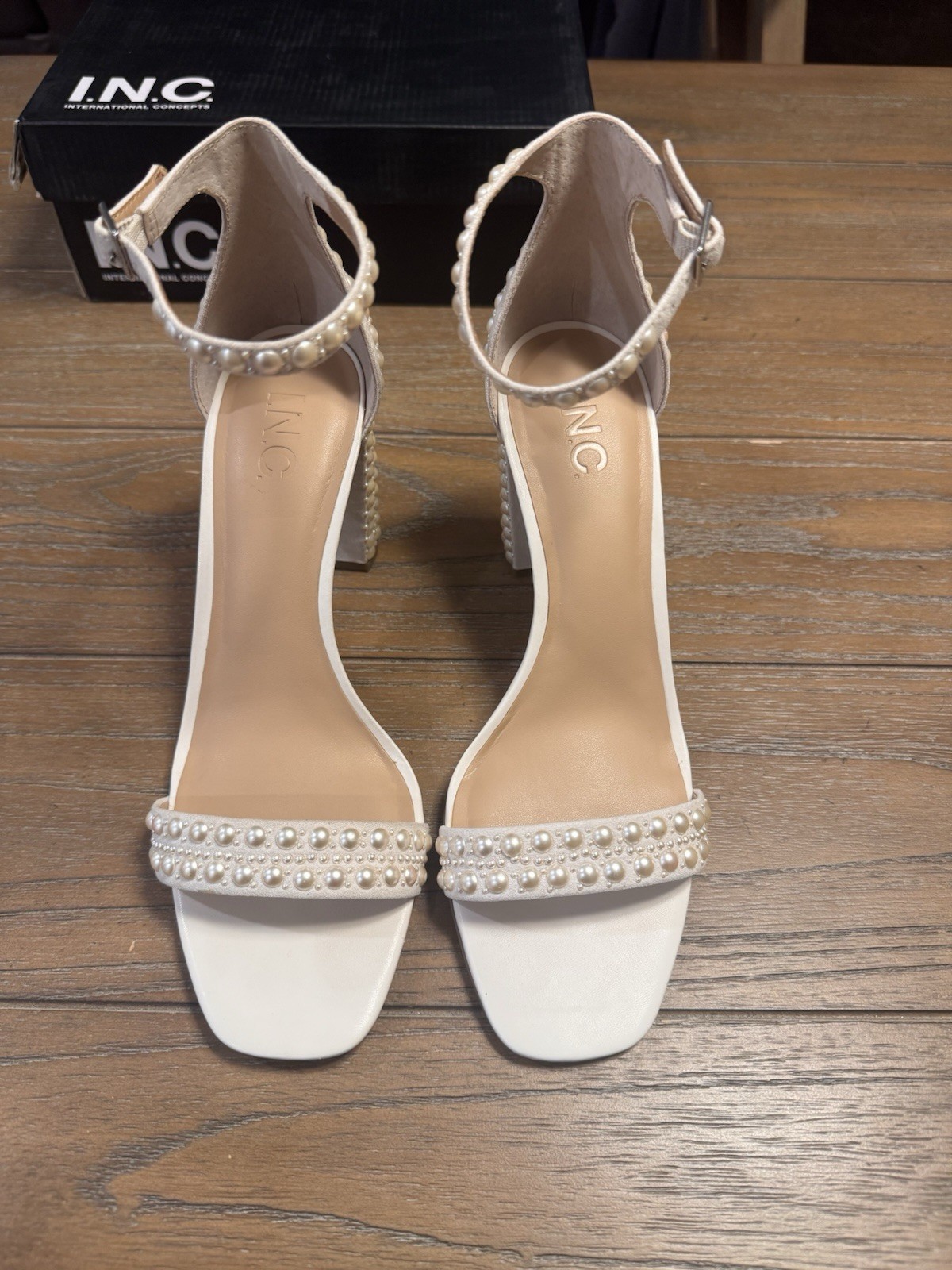 I.N.C. White Pearl Strappy Ankle Strap Open Toe Heels 9.5M