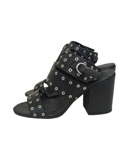 Rebecca Minkoff Black Carter Grommet Chunky Block 3.5″ Heel Sandal Size 6.5