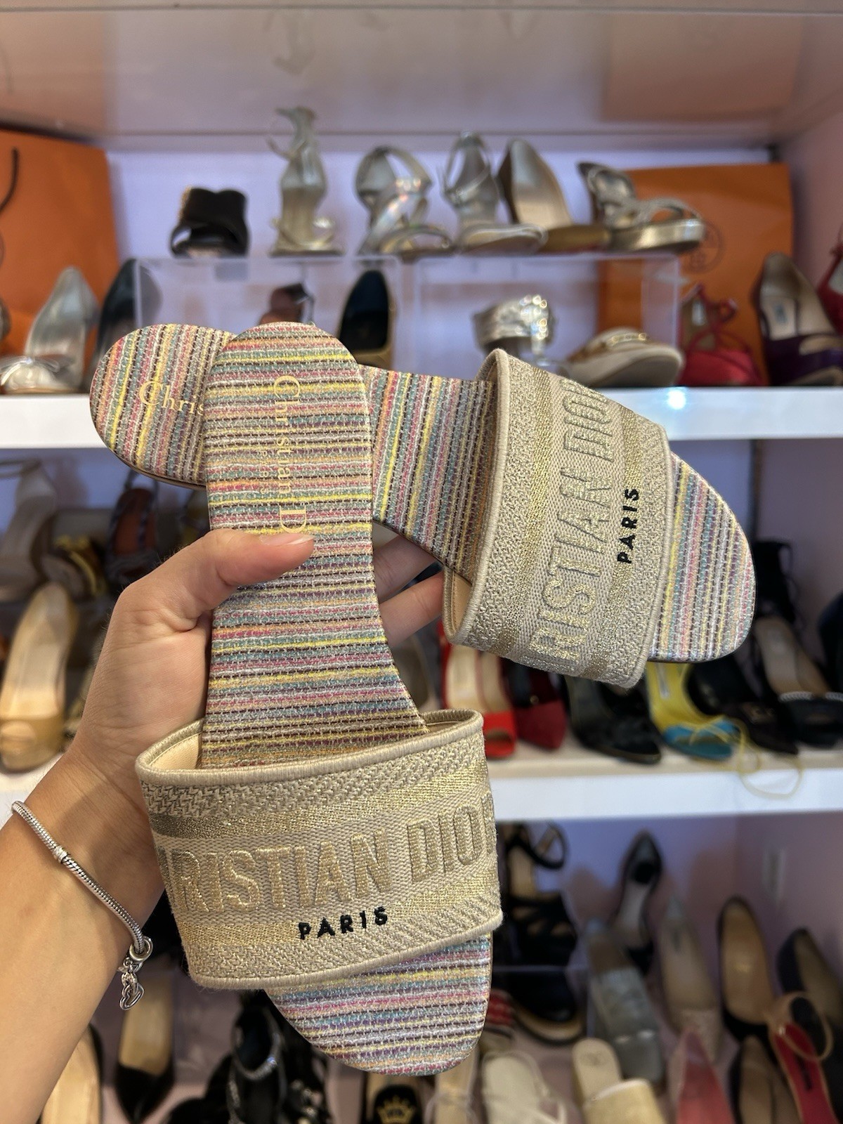 Dior Women’s Beige/Multicolor Striped Slip-On Slide Sandals Logo EU 36.5