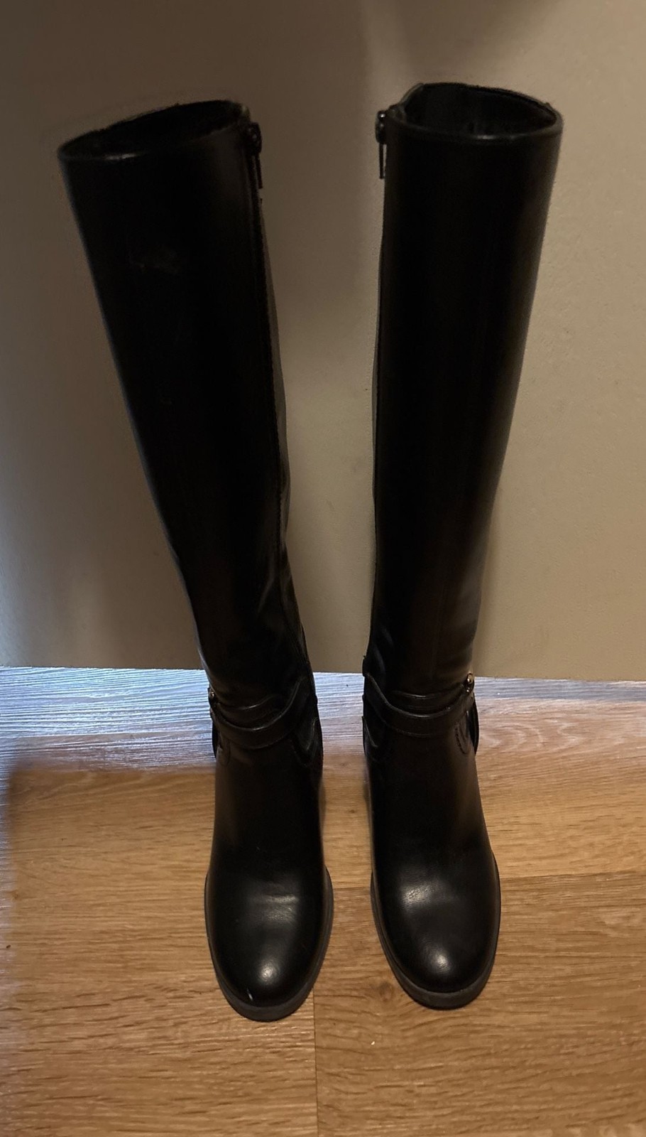 Unisa Women’s Black Knee-High Riding Boots with Side Buckle Detail and Chunky He