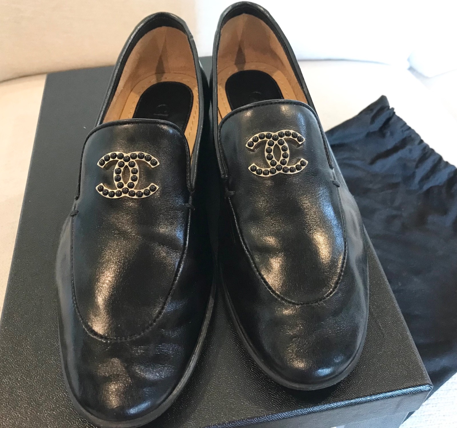 Chanel Black calfskin leather loafer moccasin 37 box and shoe bags