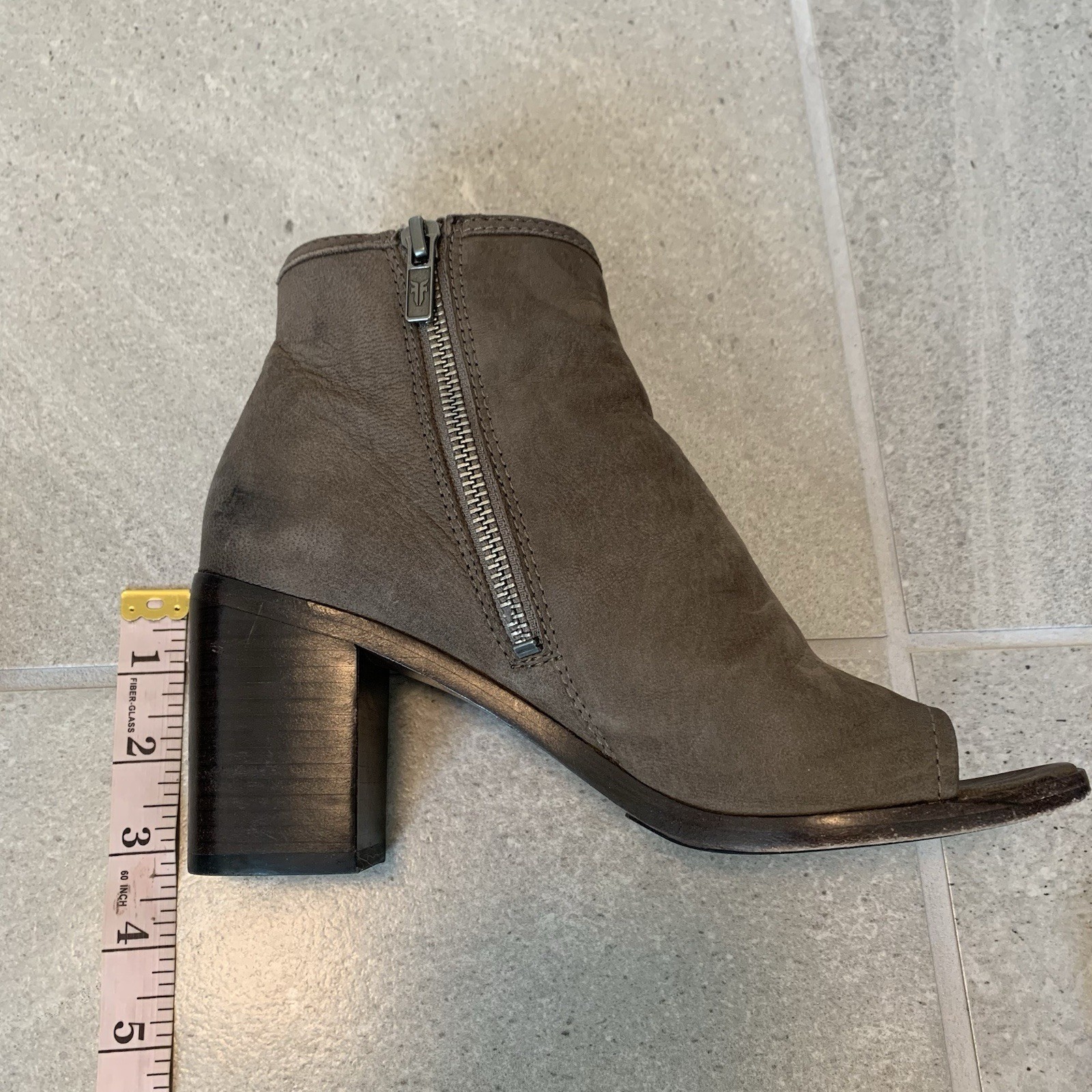 Frye Brielle Size 6.5 Brownish Gray Zip Peep Bootie Open Toe