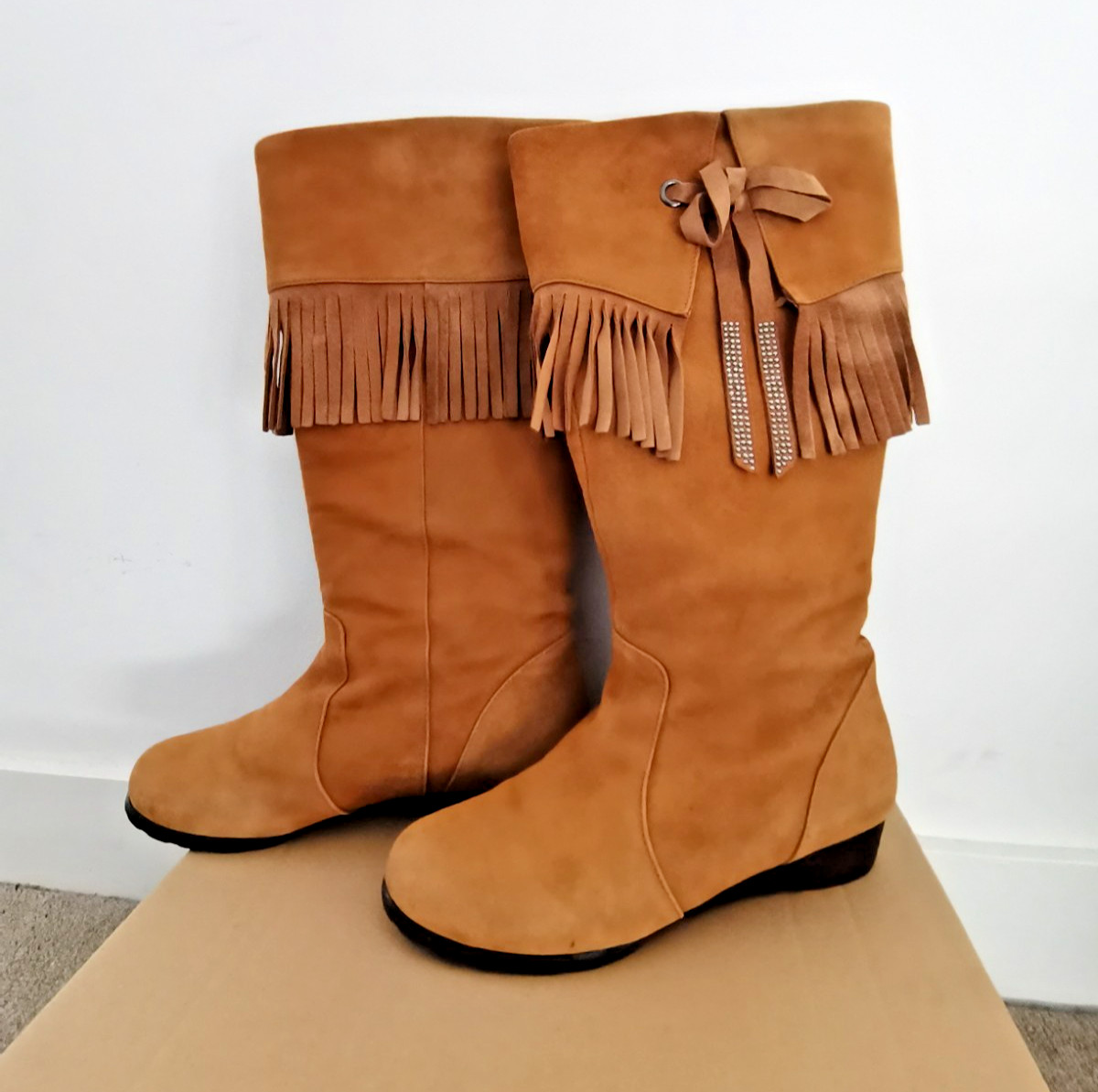 Vintage Fringe Suede Boots Tan Brown Knee High Pull On Wedge Winter Boots