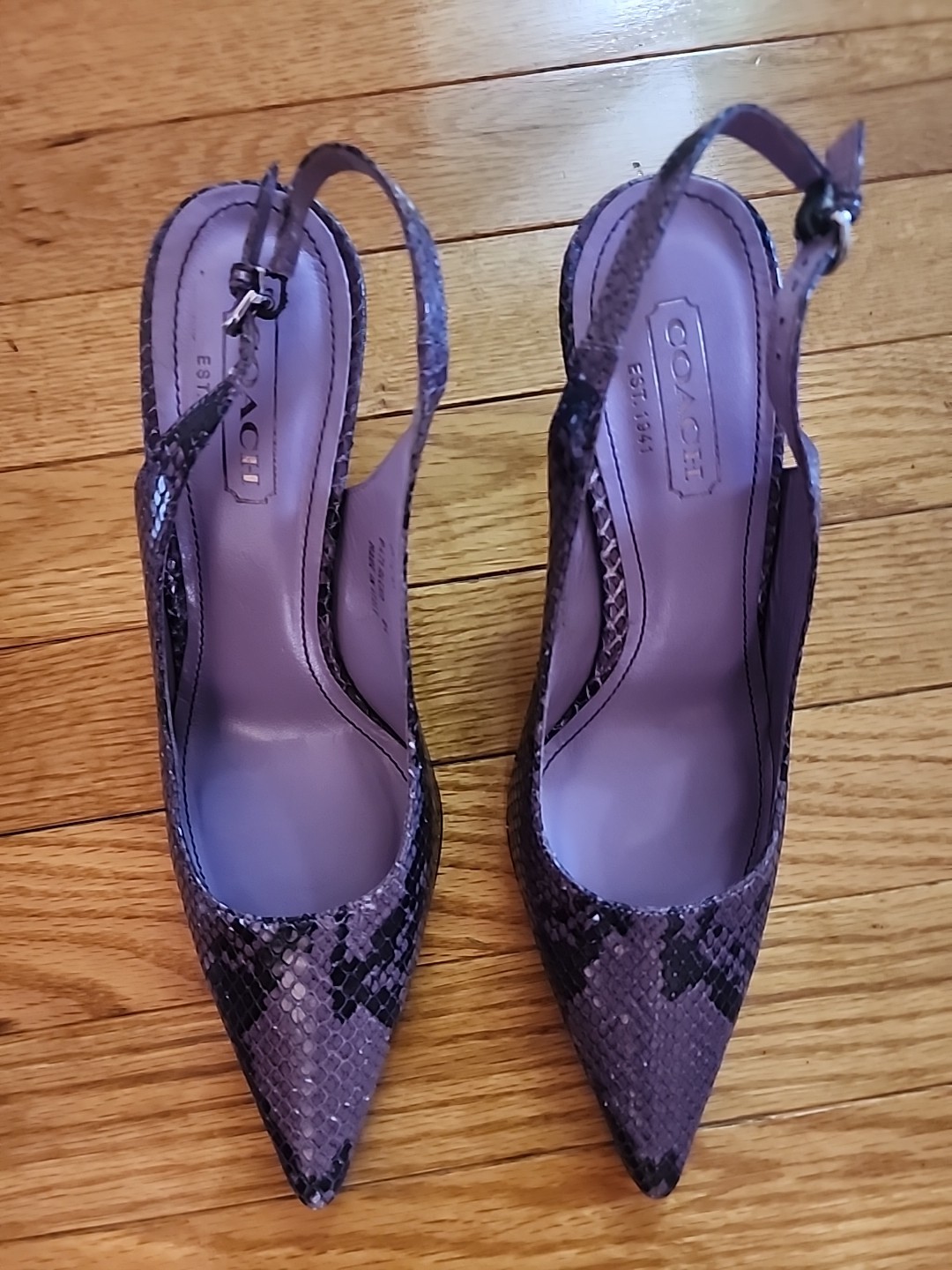 NWOT $250 COACH Alena Purple Slingback Snakeskin Sz 7.5B 2.5in Heel Shoes