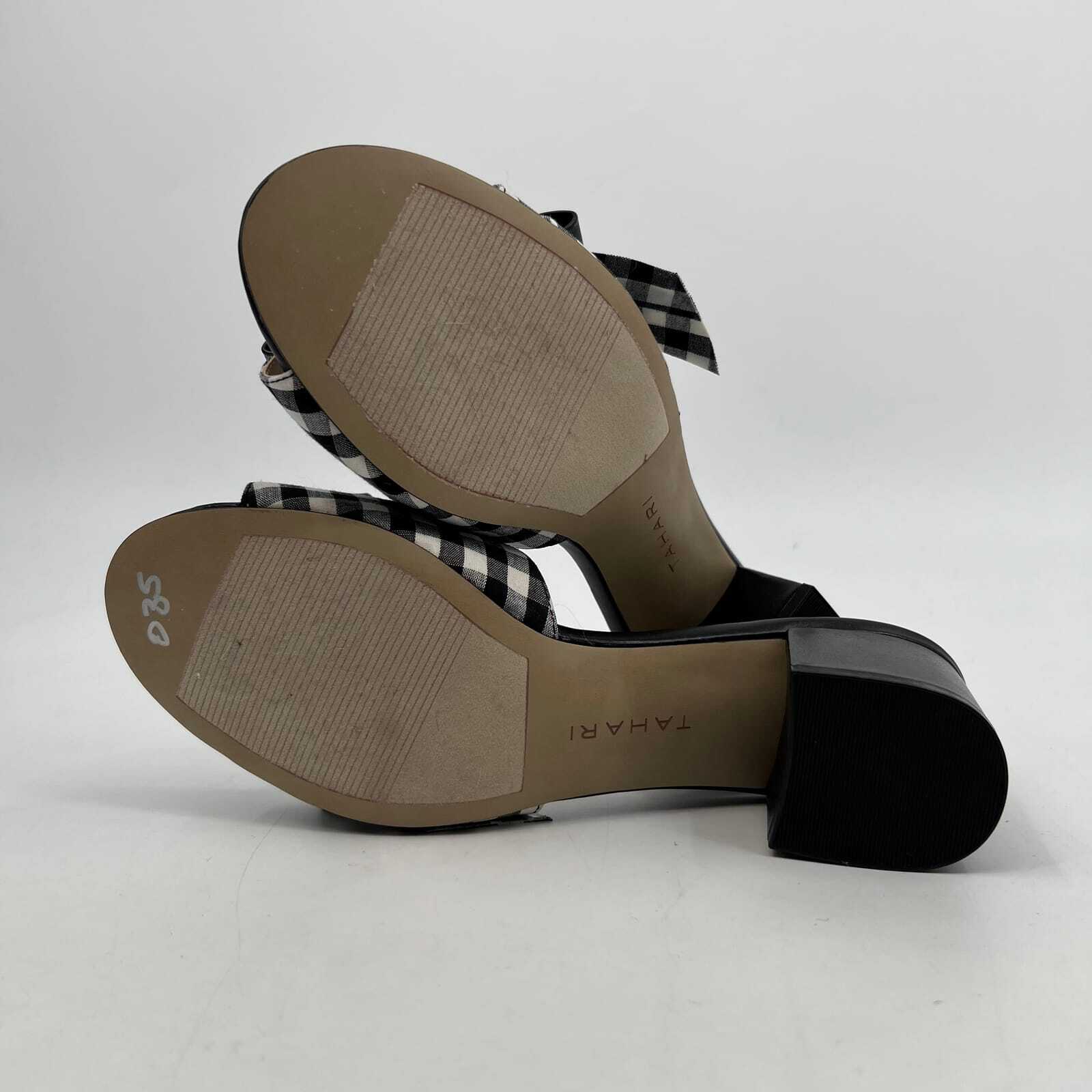 Tahari Black and White Gingham Bow Slip-On Sandals | Heel Height Mid 2-2.9in
