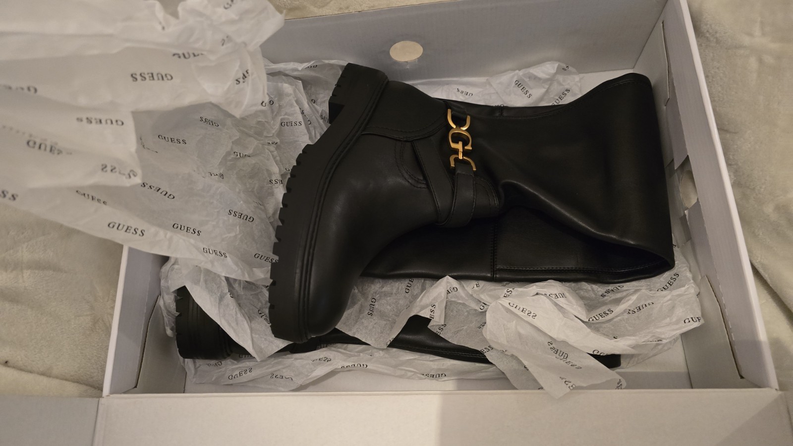 GUESS Jellio Women’s Knee-High Riding Boots Black Logo Round Toe Size 8M
