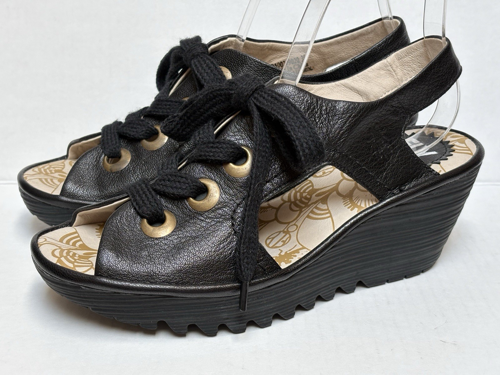 FLY London YLVA Women’s 38/7.5M Blk Leather Lace Up Wedge Slingback Sandals ~NEW
