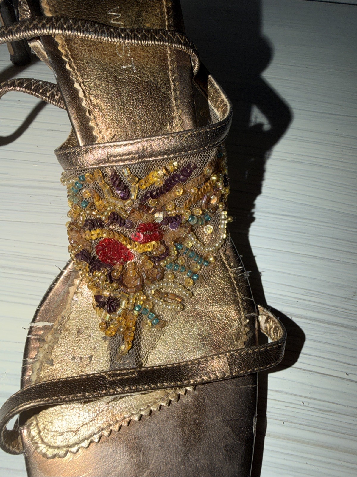 Brown Bronze Beaded Strappy Nine West Slingback Sandal Heels