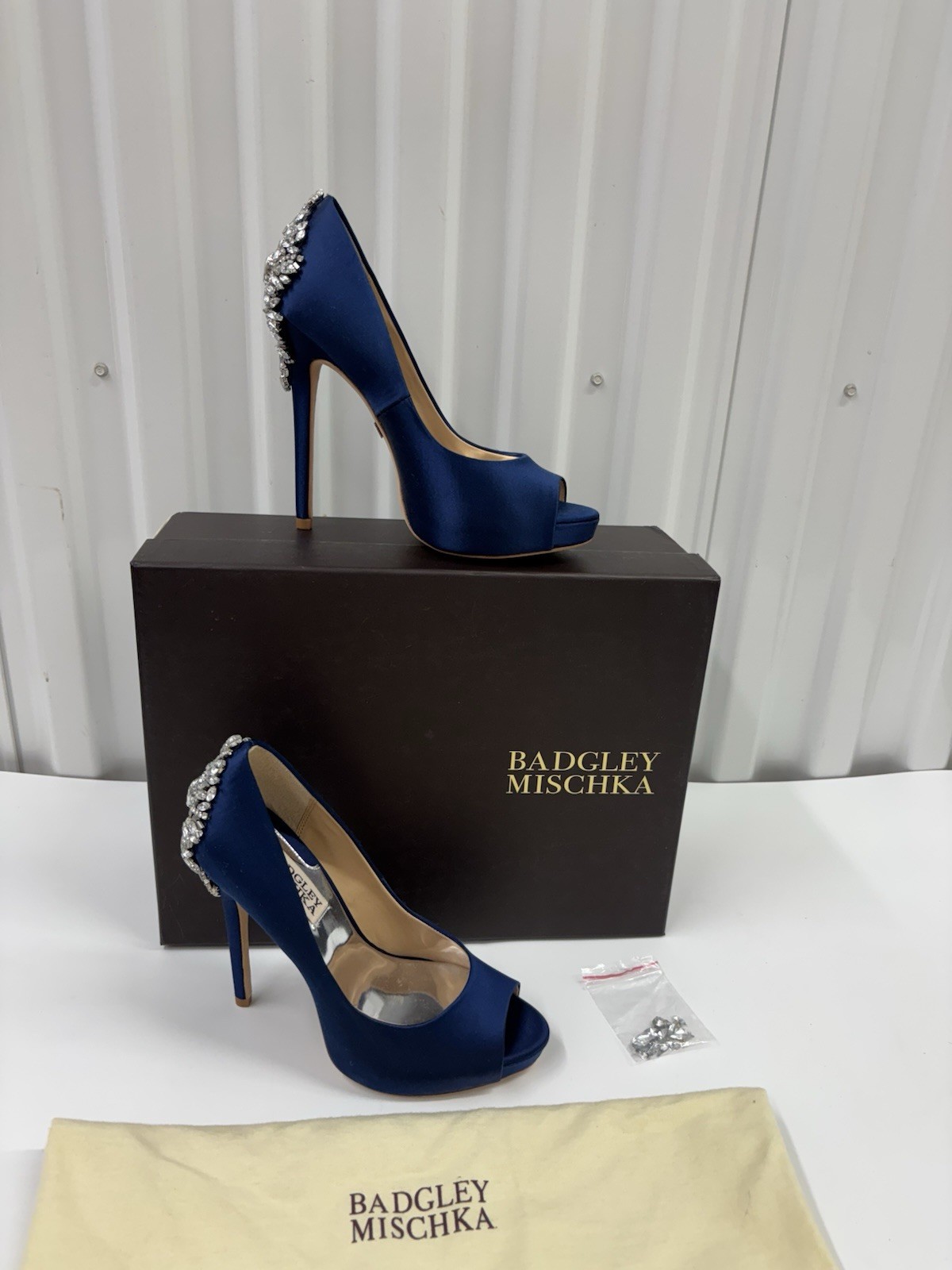 Badgley Mischka Kiara Navy Blue Satin Crystal Embellished Peep Toe Pump Heel Box