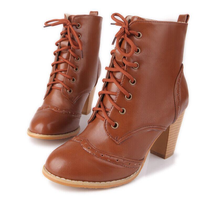 Spring Womens Round Toe Leather Lace Up Ankle Boots Mid Heel Shoes Plus Size NEW