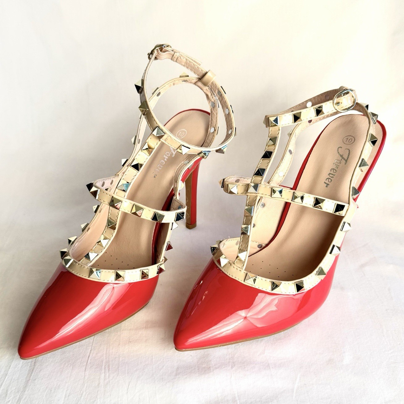 Forever Women’s Red Patent Leather Strappy Pointed Toe Studded Heels US 10