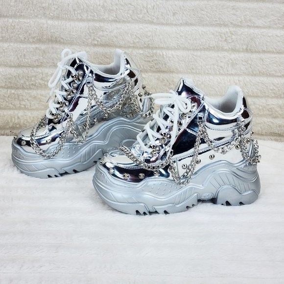 Space Candy Silver Platform Chain Sneaker Hidden Wedge Streetwear Kicks