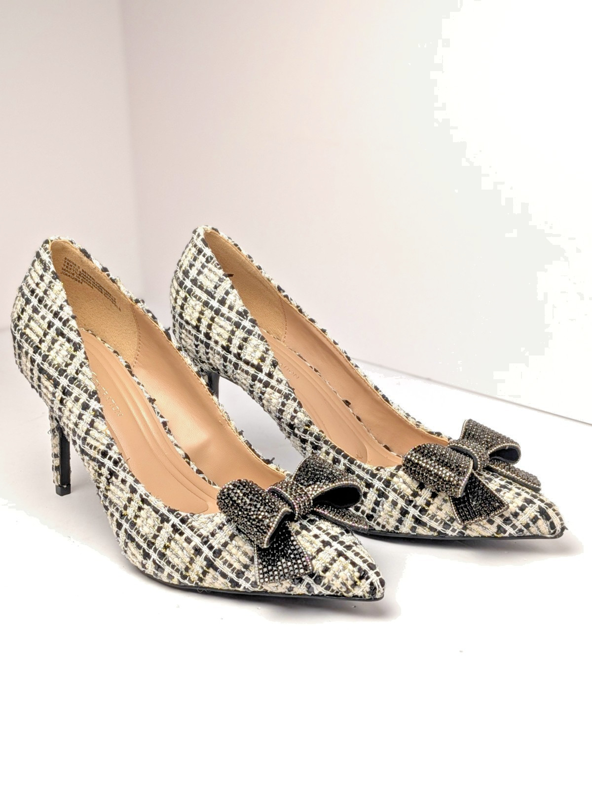 BCBGeneration Beverli Plaid w/ Silver Threads Rhinestone Bow Heels Size 8 — NWOB