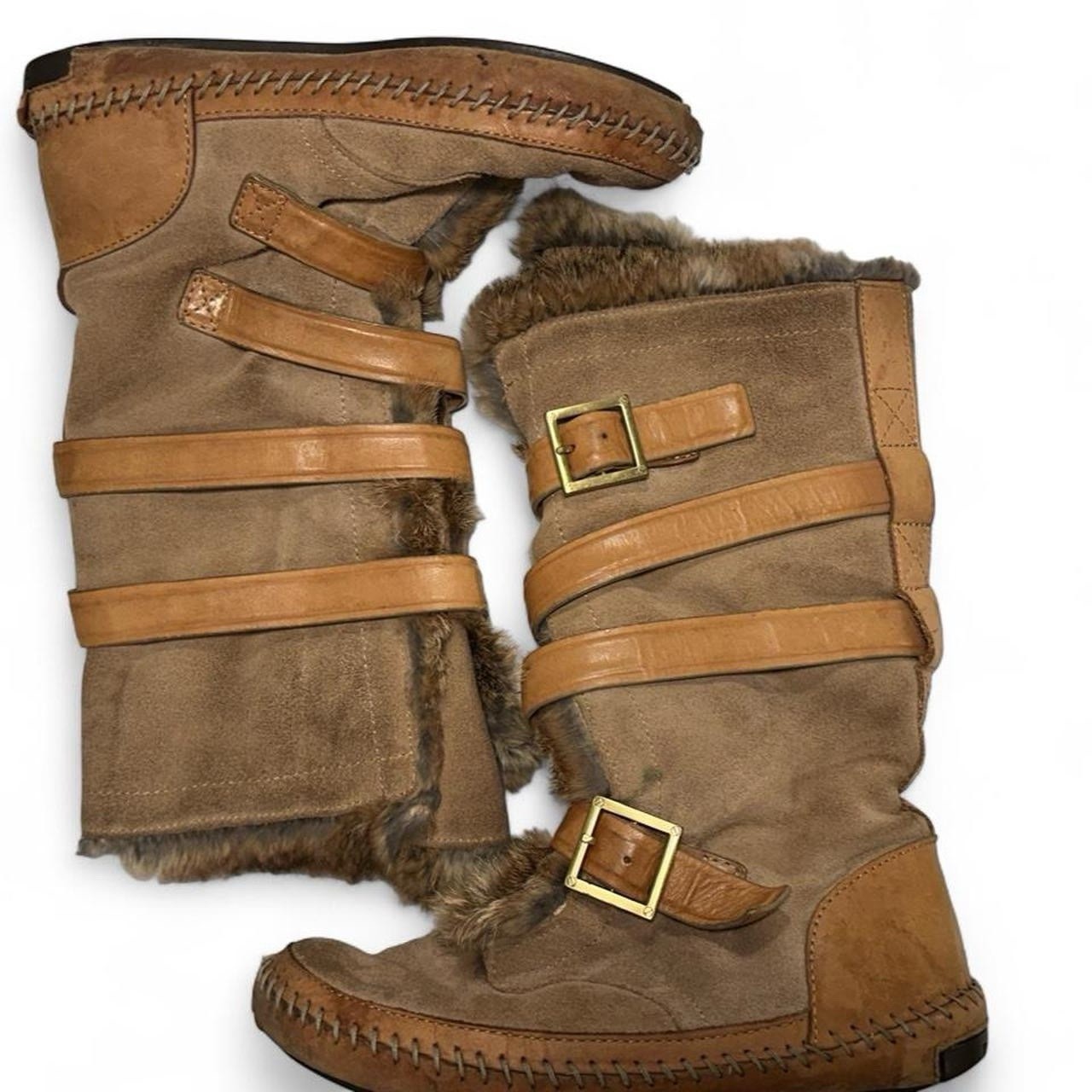 Tory Burch Women’s Brown Suede Fur Trim Mid-Calf Buckle Boots 6.5
