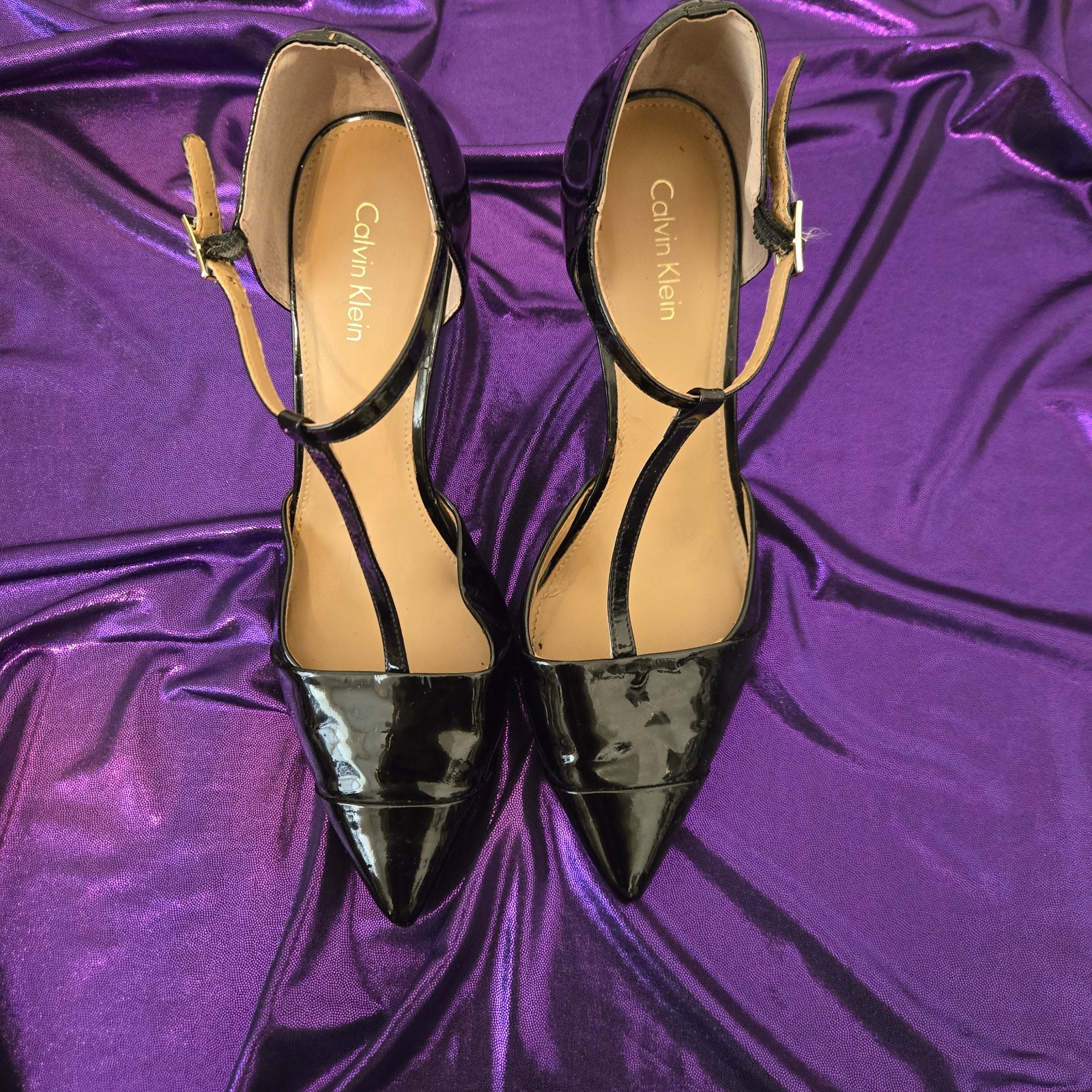 Calvin Klein Black Patent Leather Pointed Toe T-Strap Stiletto Heels 7