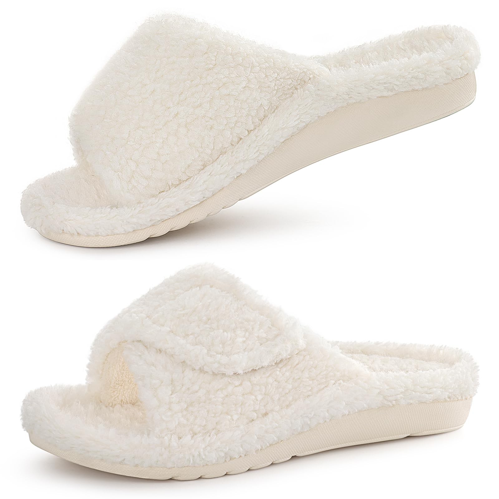 Litfun Womens Fuzzy Arch Support Slippers 5.5-6 Women/4-4.5 Men, White Nubby