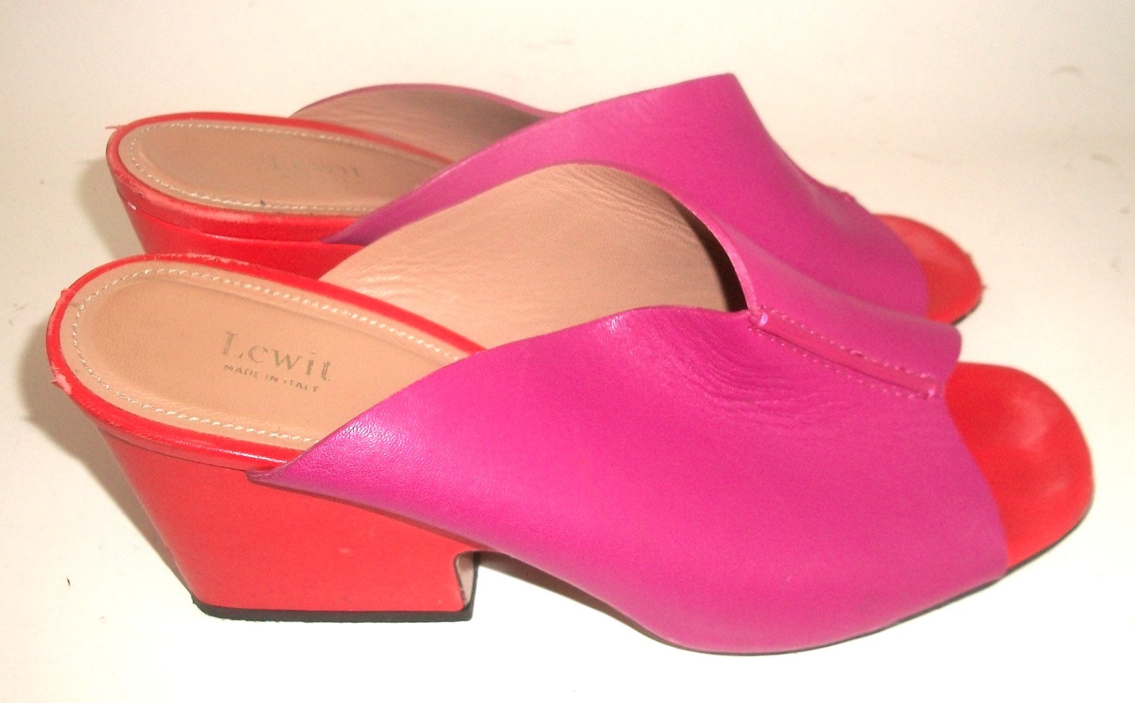 Lewitt Fuschia Pink and Red Leather Open-Toe Heeled Mules Made in Italy 10M