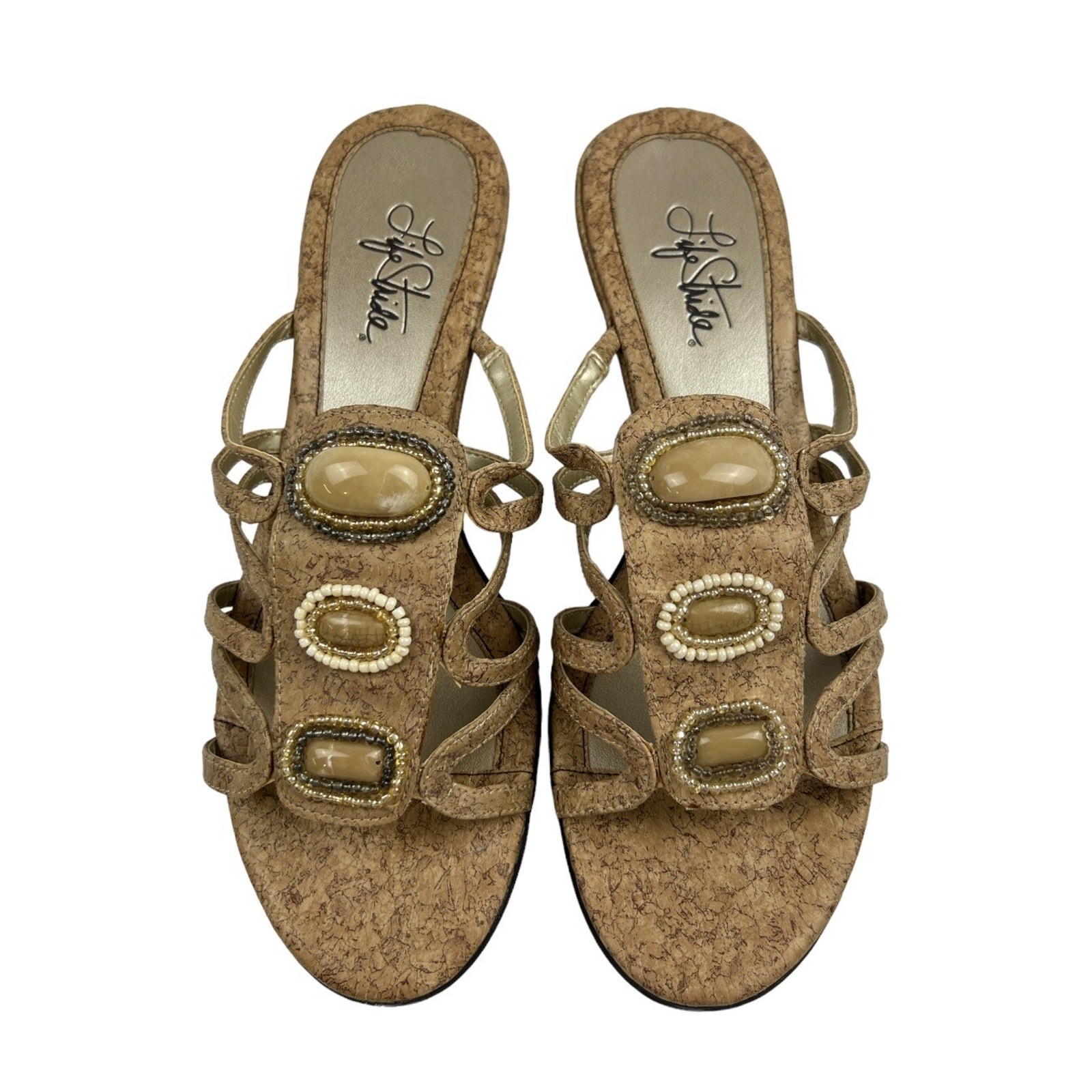 Life Stride Sandals Womens 9.5 Beige Urban Cork Wedge Strappy Slide