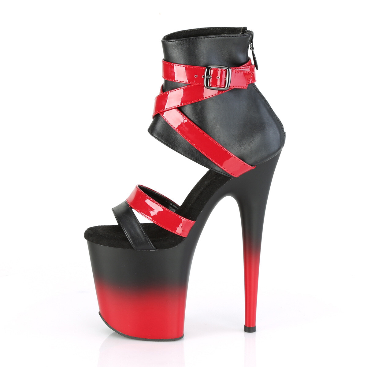 BLACK & RED 8″ HEEL PF SANDAL-CRISSCROSS STRAPS-ZIPS Woman Sz 5 6 7 8 9 10 11 12