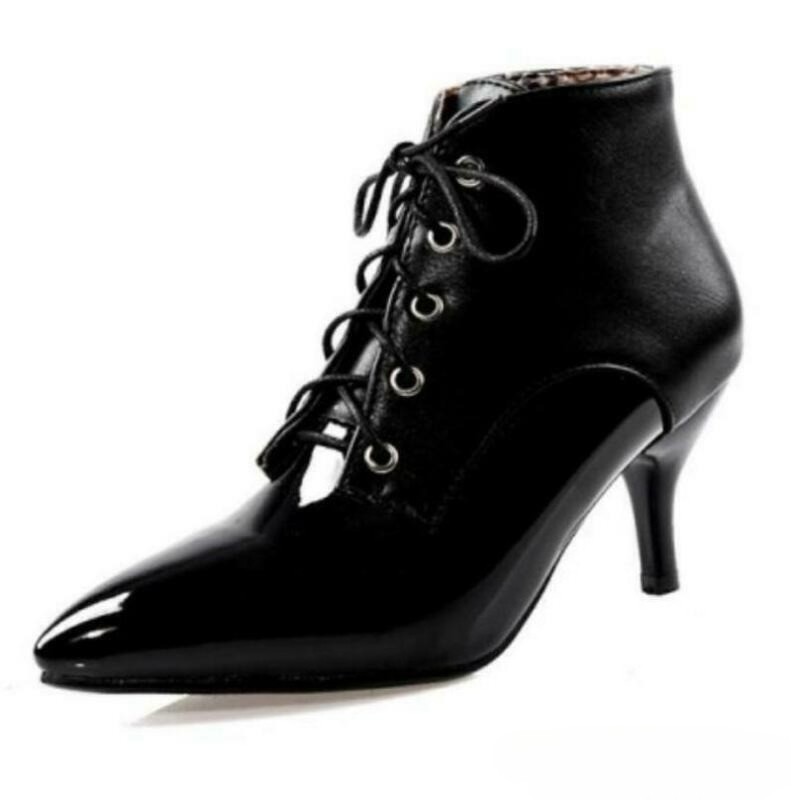 Splicing Women’s Faux Leather Ankle Boots Lace Up Shoes Kitten Heel Pointy Toe