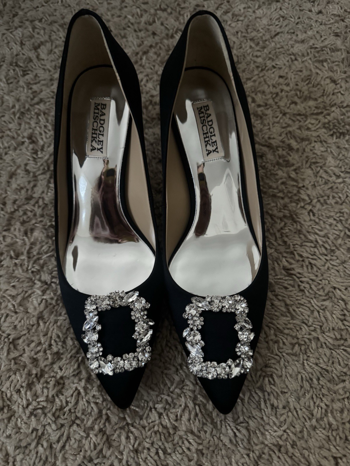 Badgley Mischka Black Satin Pointed Toe Rhinestone Slip-On Pumps US 8 MP5216