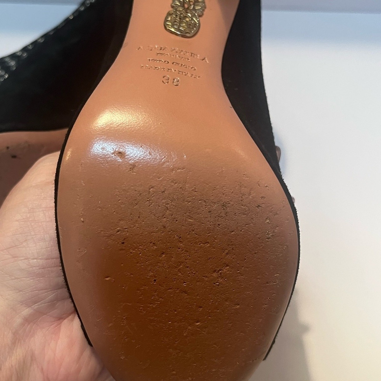 Aquazzura Disco Studded peep toe black suede shoe size 38 pre-owned. #10213