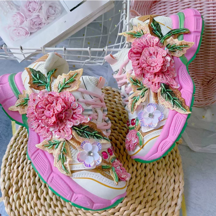 Floral Womens Platform Floral Lace Up Sequins Beaded Creeper Casual Sport Shoes