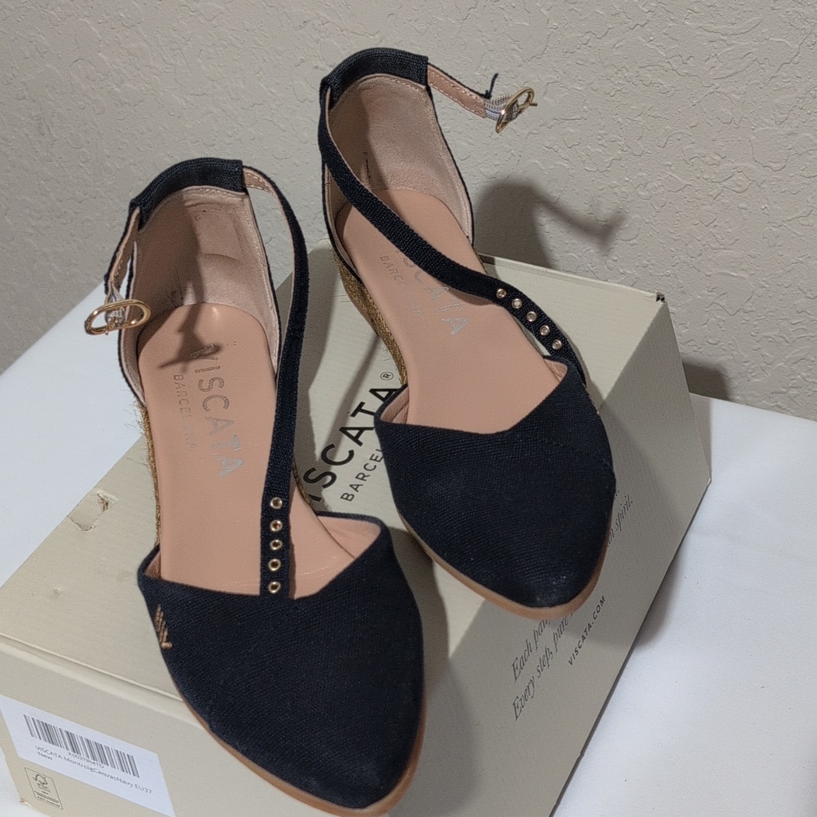 VISCATA Women’s Navy Canvas Ankle Strap Studded Pointed Toe Flats EU 37