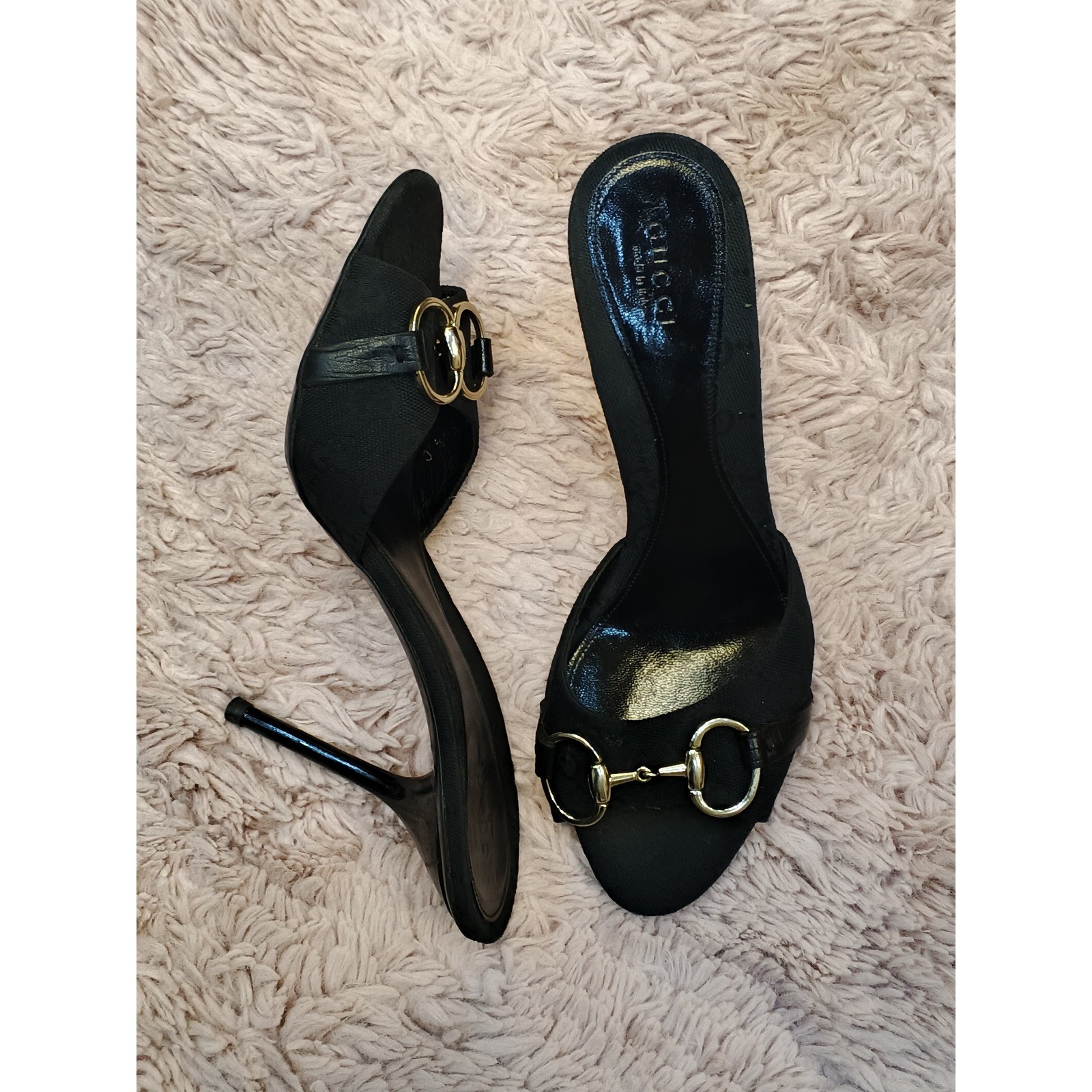 Gucci Horsebit GG Monogram Canvas Mules Black Stiletto Sandals 138703 Size 38.5