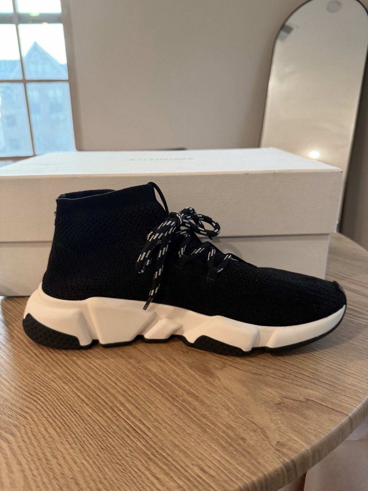 Balenciaga Speed Knit Mid Top Sneaker Black/White Lace Up Logo 517319W07U0