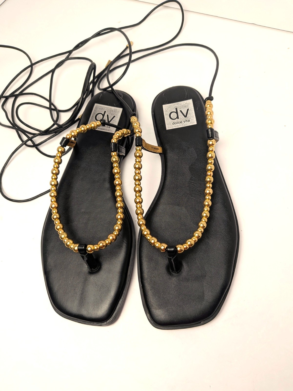 NWOB Dolce Vita Black Gold Beaded Thong Ankle Wrap Sandals Size 6.5 Never Worn!