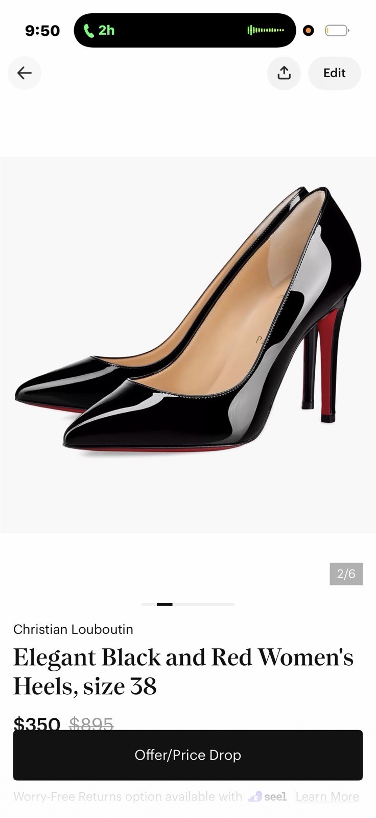 Christian Louboutin Black Patent Leather Pointed Toe Pump Red Sole EU 38