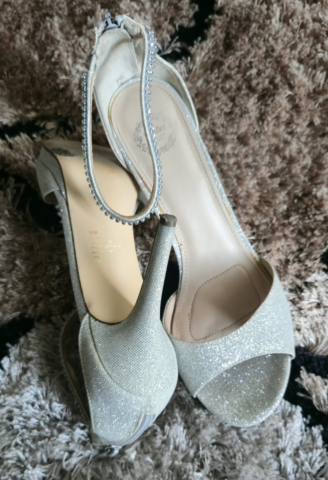 J.Miller Women’s Silver Glitter Rhinestone Ankle Strap Zip Open Toe Heels 10