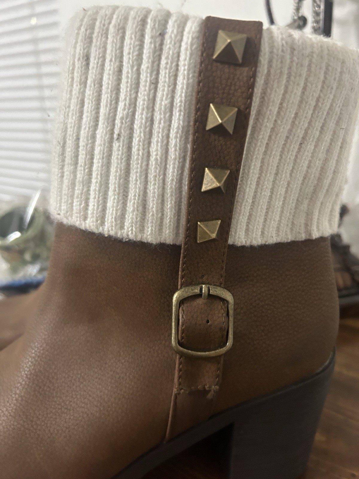 Secret Celebrity Brown Faux Leather Knit Ankle Bootie Zip Buckle Stud Cuff