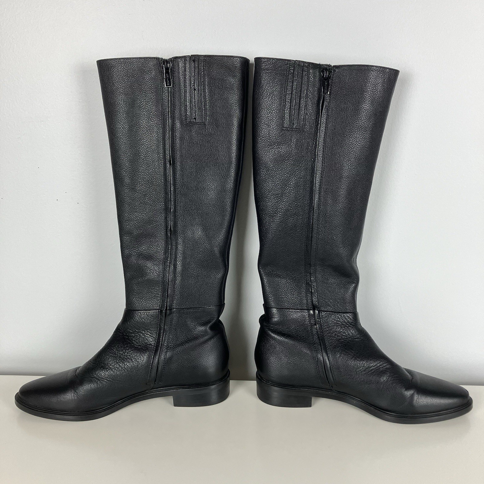 Calvin Klein Francine Tall Riding Boots Black Leather Gold Tone Logo Womens 6.5