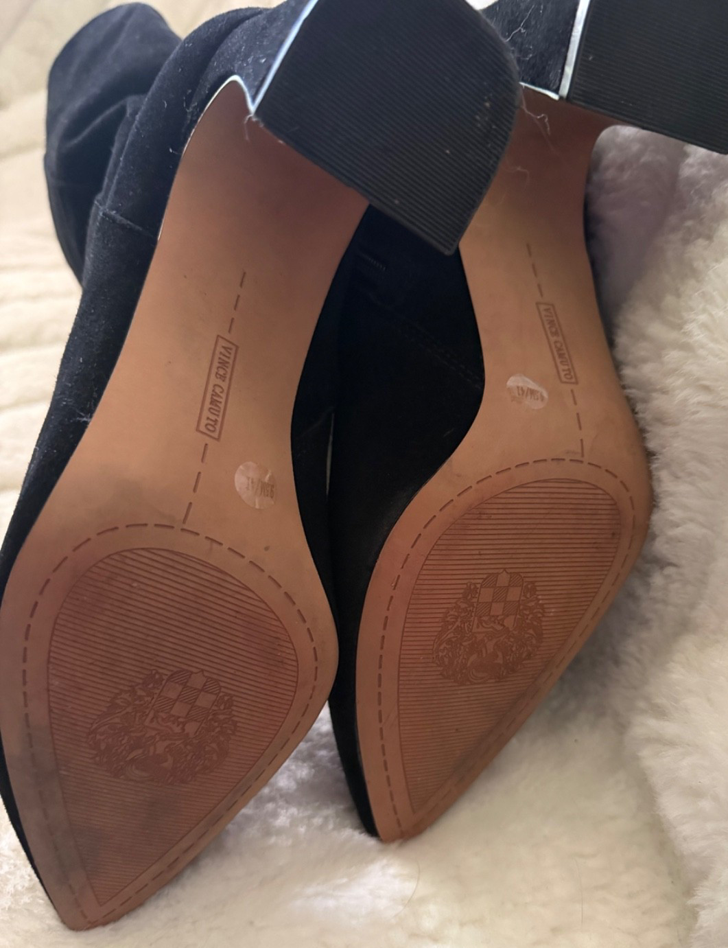VINCE CAMUTO SIZE 9.5 Black Suede Covered Heel Side Zip Dress Boot Knee High