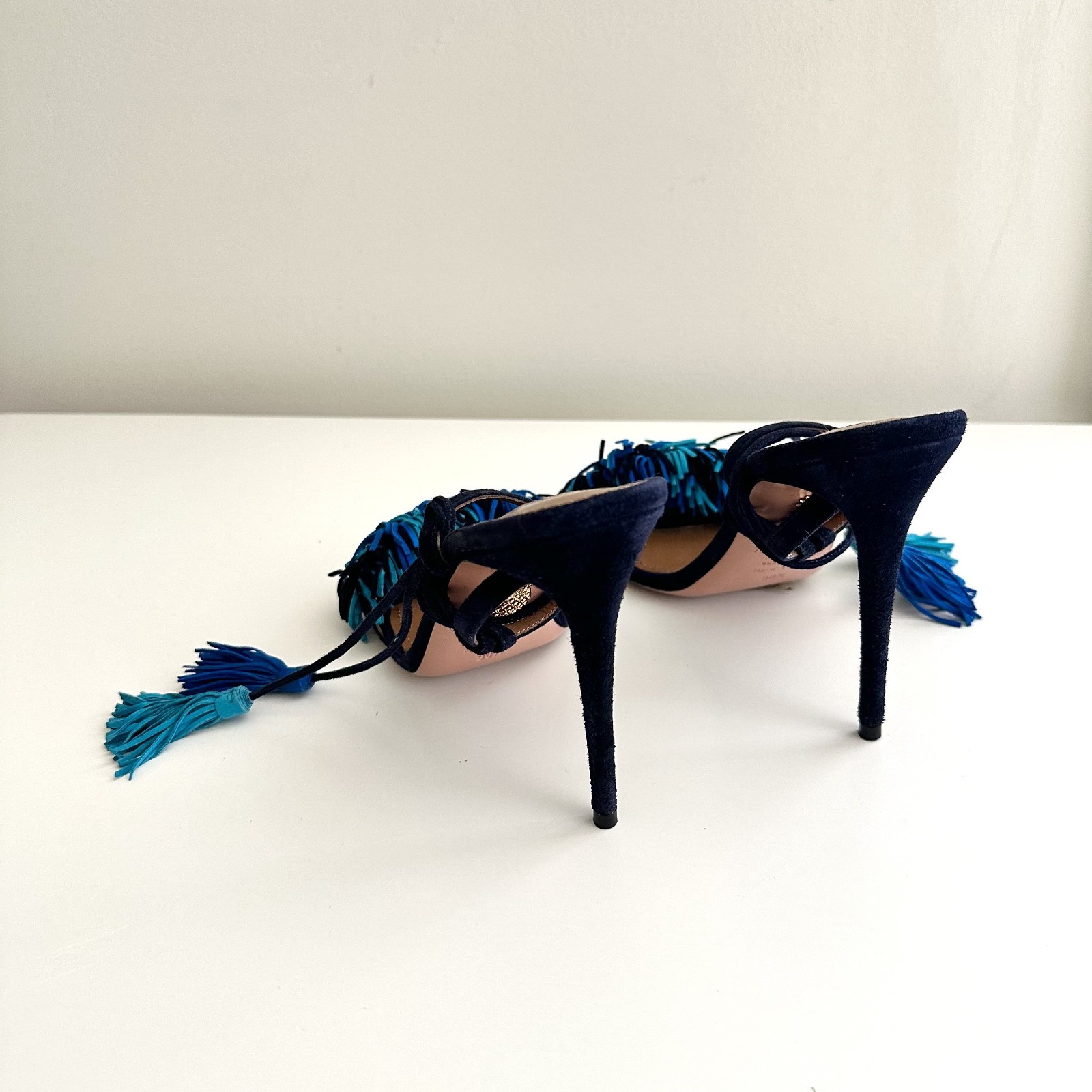 AQUAZZURA Wild Thing Multi Blue Suede Ankle Wrap Fringe Heels Sandals Size 38.5