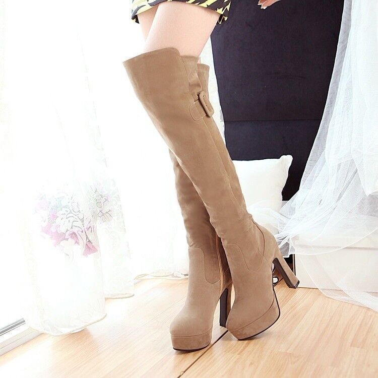 Women Round Toe Block Platform High Heels Over Knee Thigh Riding Boots Shoes New