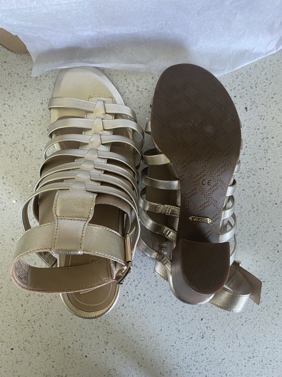 Vionic Sami Metallic Sexy Strappy Sandals Block Heels Gold Champagne Size 10