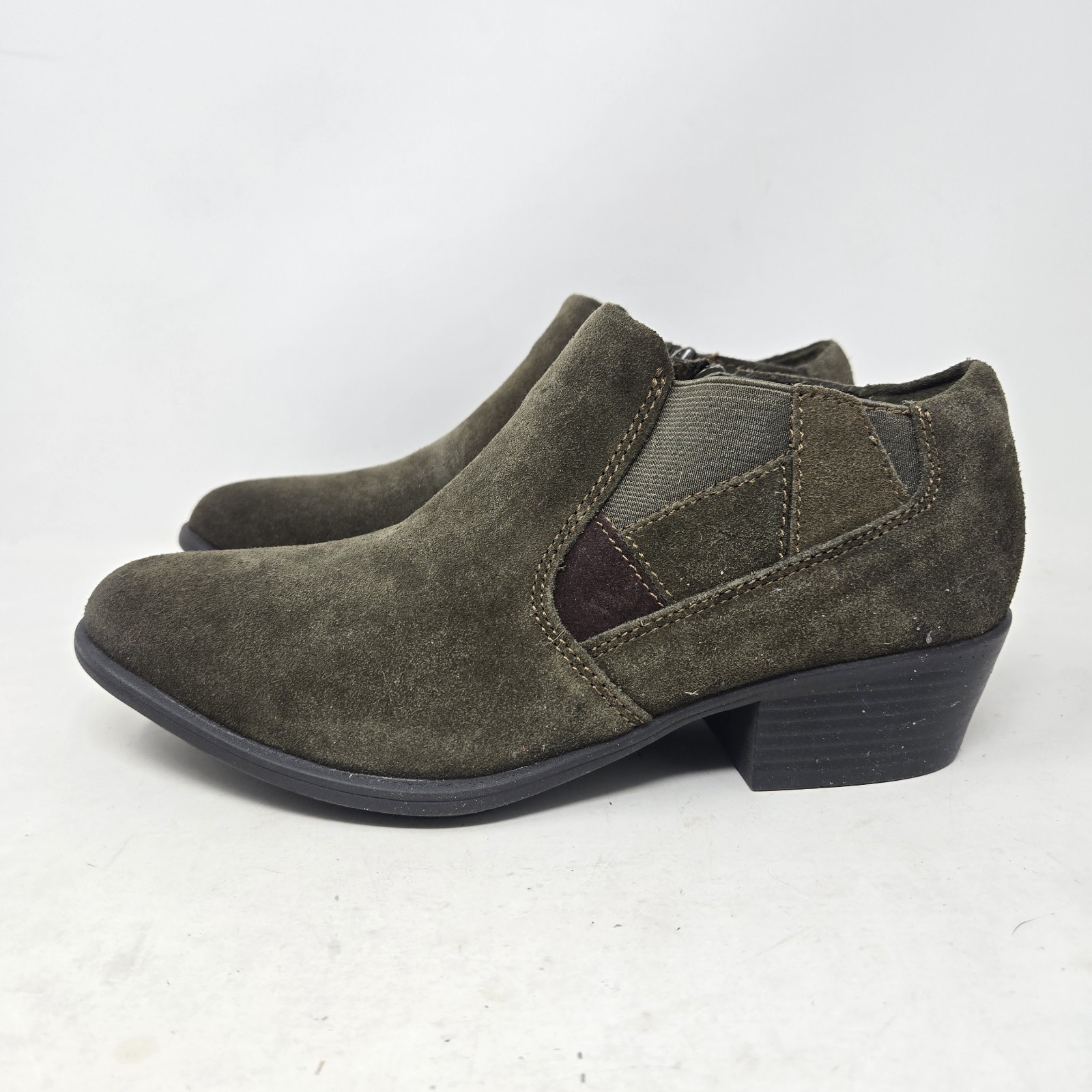 Earth Origins Christine Olive Suede Block Heel Slip on Booties Women’s Size 9.5