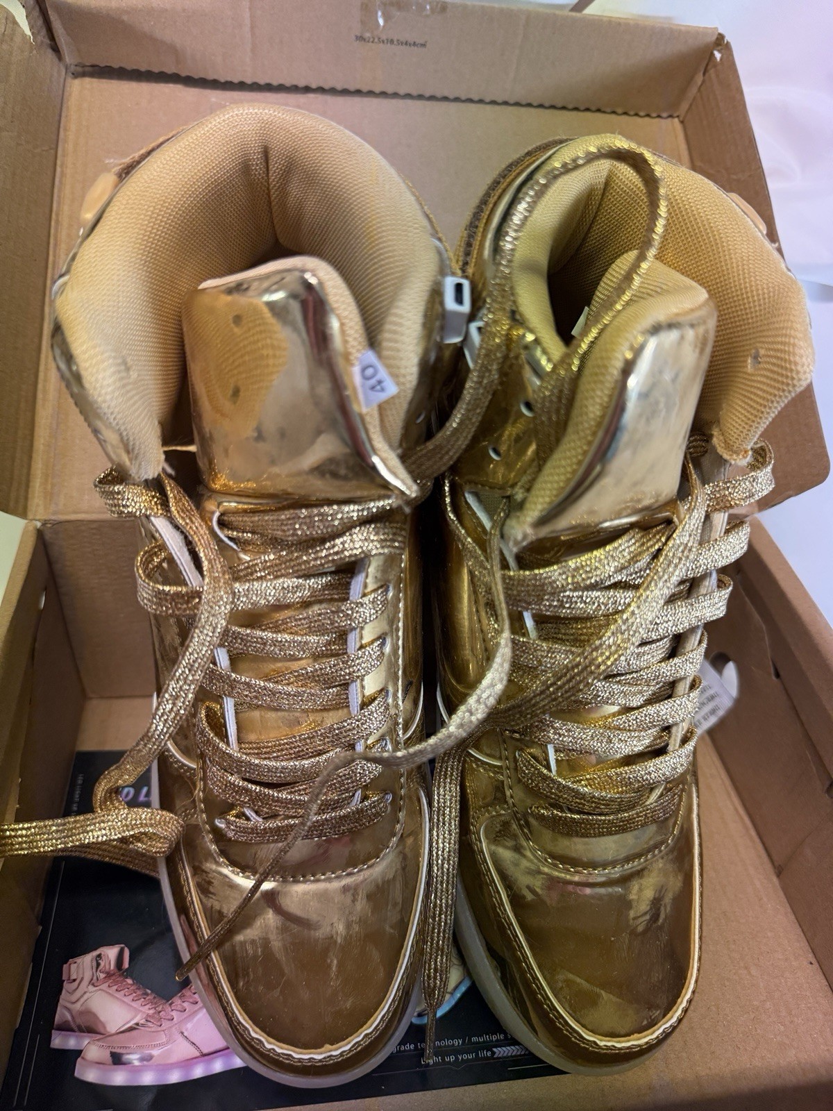 New In Box Sz 40 / 9 Gold Led Hi Top Sneakers Womens