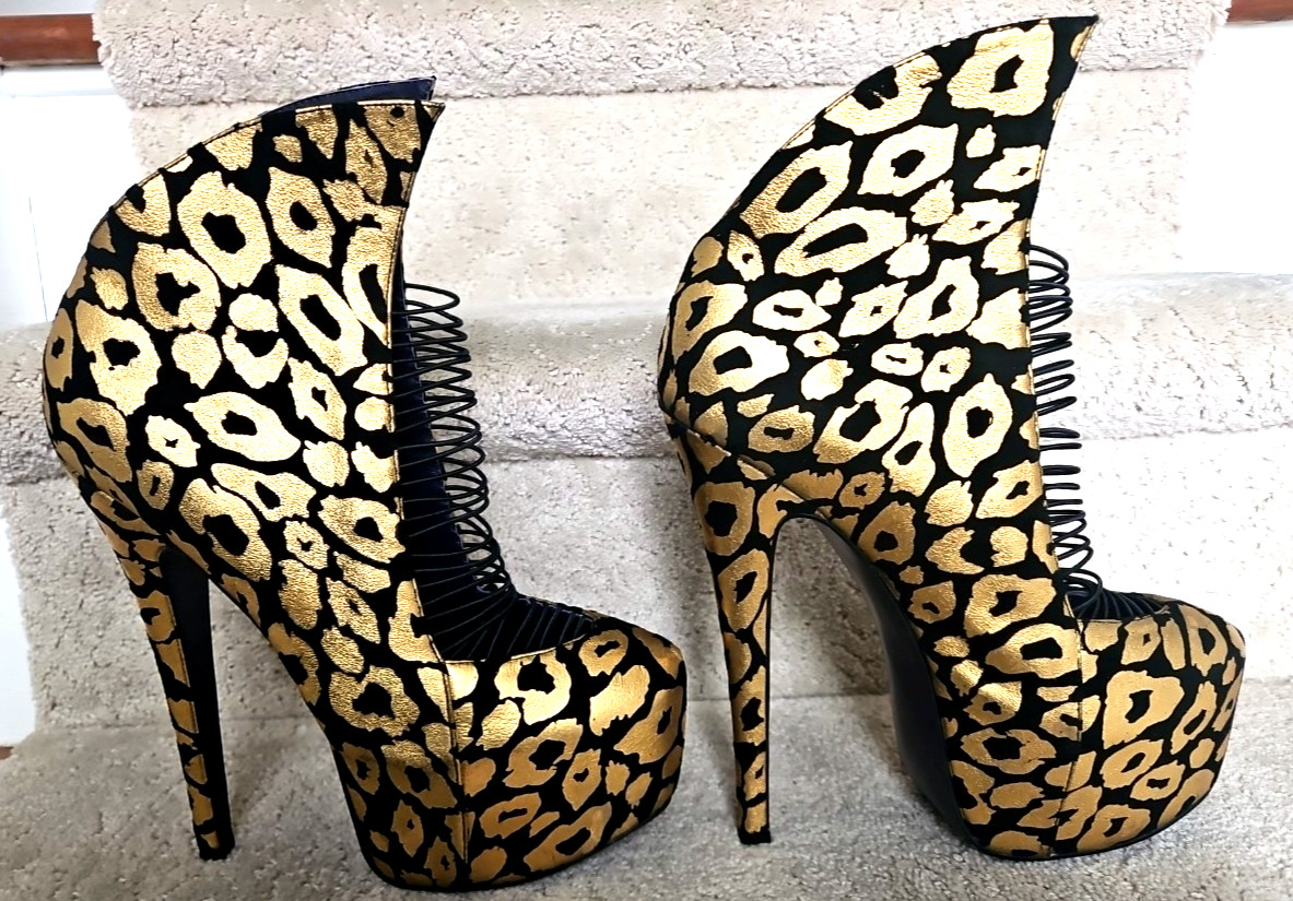 New Sparkle Cheetah Gold Black High Platforms Stiletto Heels Sz 10 London Trash