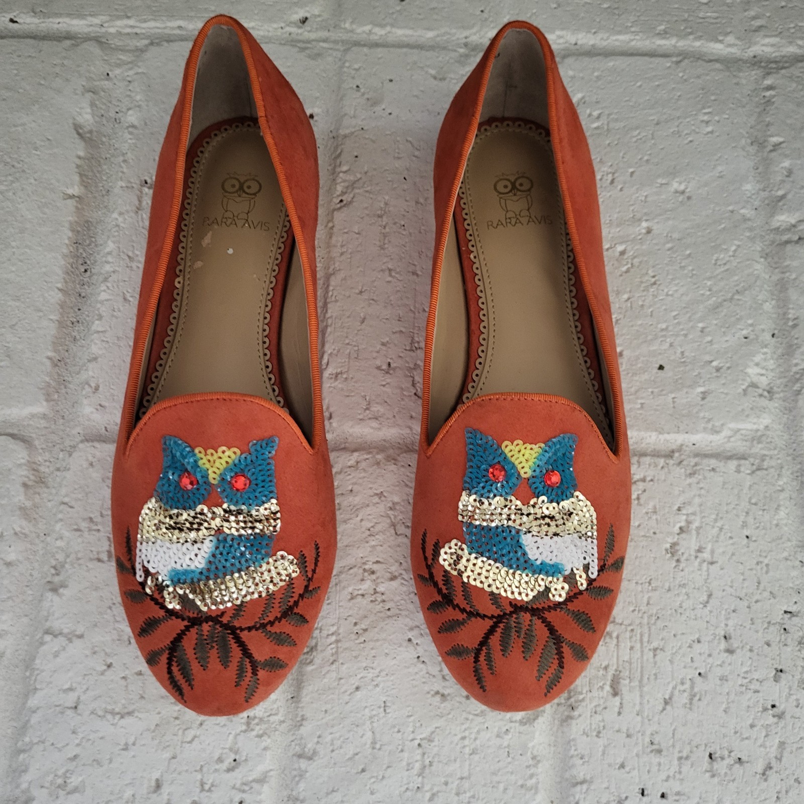 RARA AVIS by IRIS APFEL Loafers Womens 8.5 Sequin Owl Flat Orange