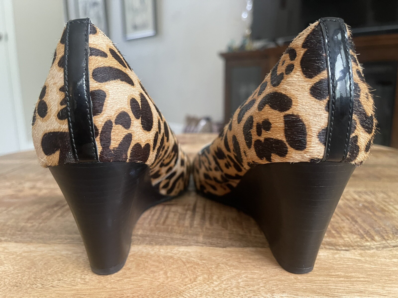 ECCO Beige Brown Real Cow Fur Hair CHEETAH Print Wedge High Heels SZ 41 or 10