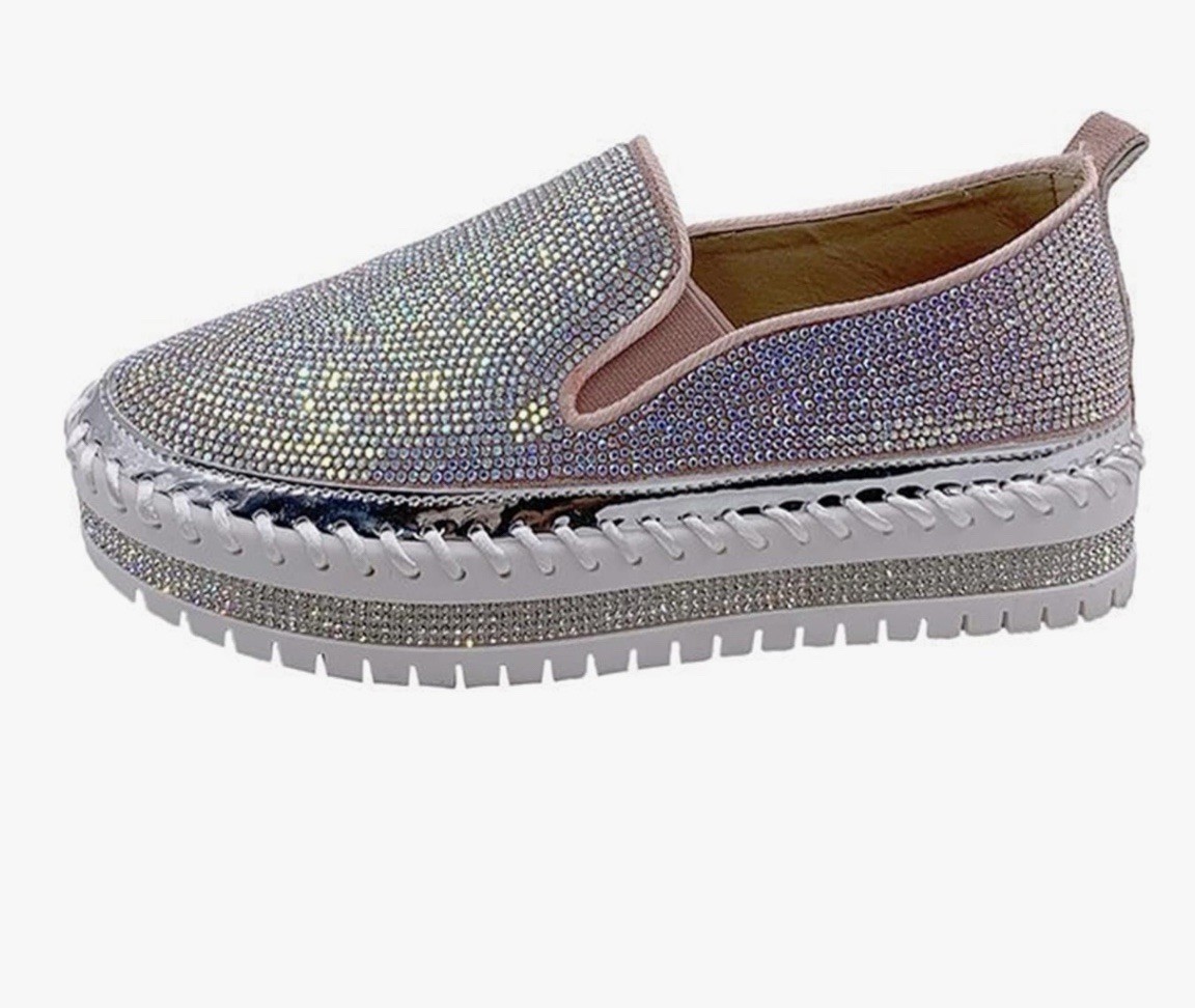 Muguan Rhinestone Silvery Glitter Thick Sole Slip-On Sneakers Size 5.5 M