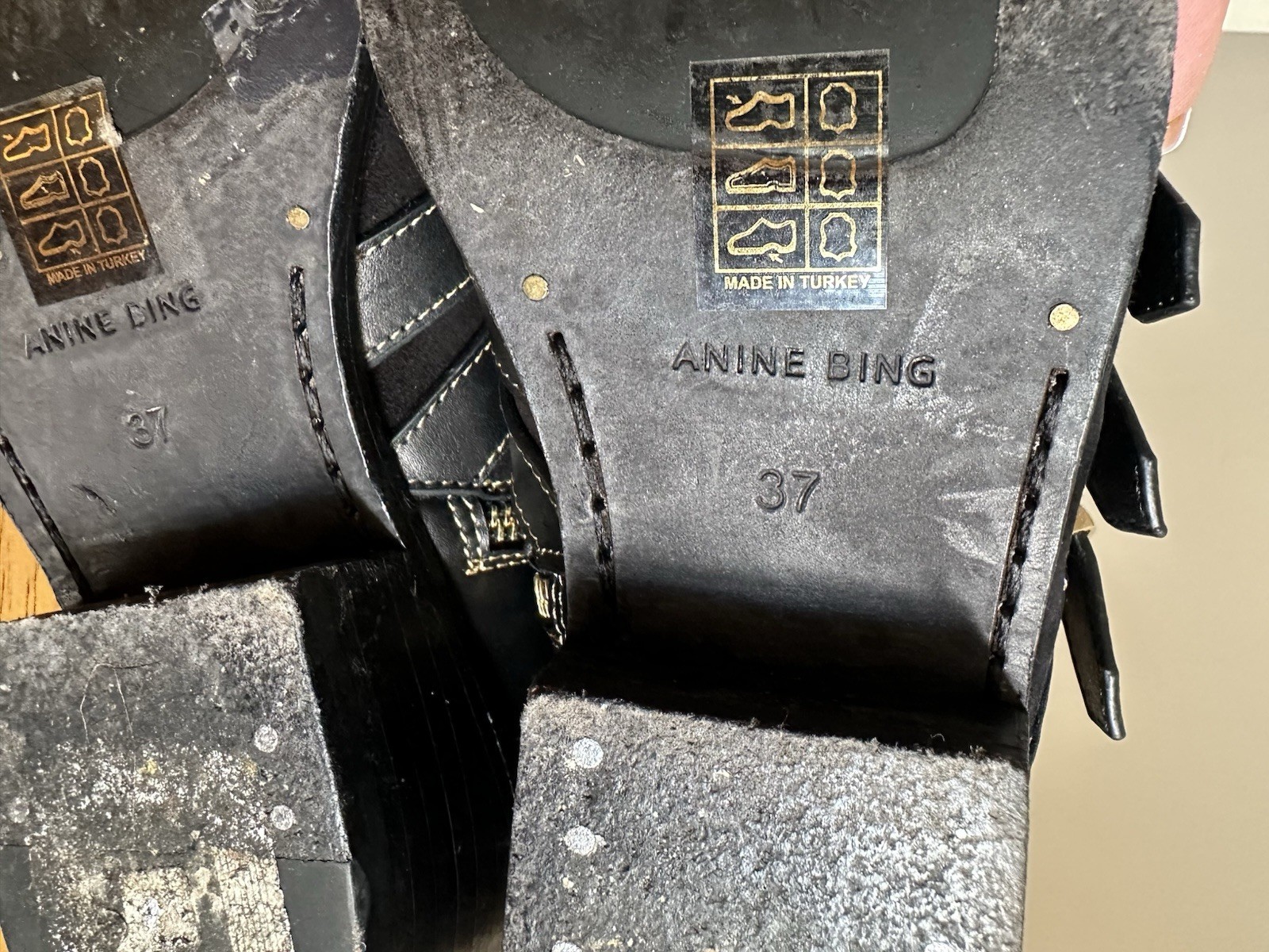 Anine Bing Penny Ankle Boots 37 Black Gold Studded Zipper Buckles 6.5 US
