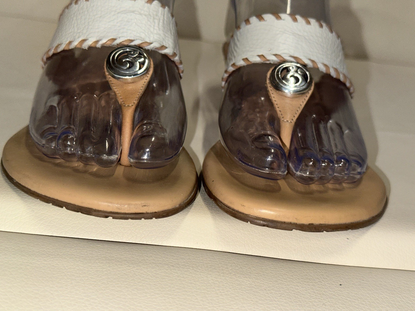 Brighton Lia Dem Wedge Sandals size 6.5 White Upper Leather Thong Tan Footbed