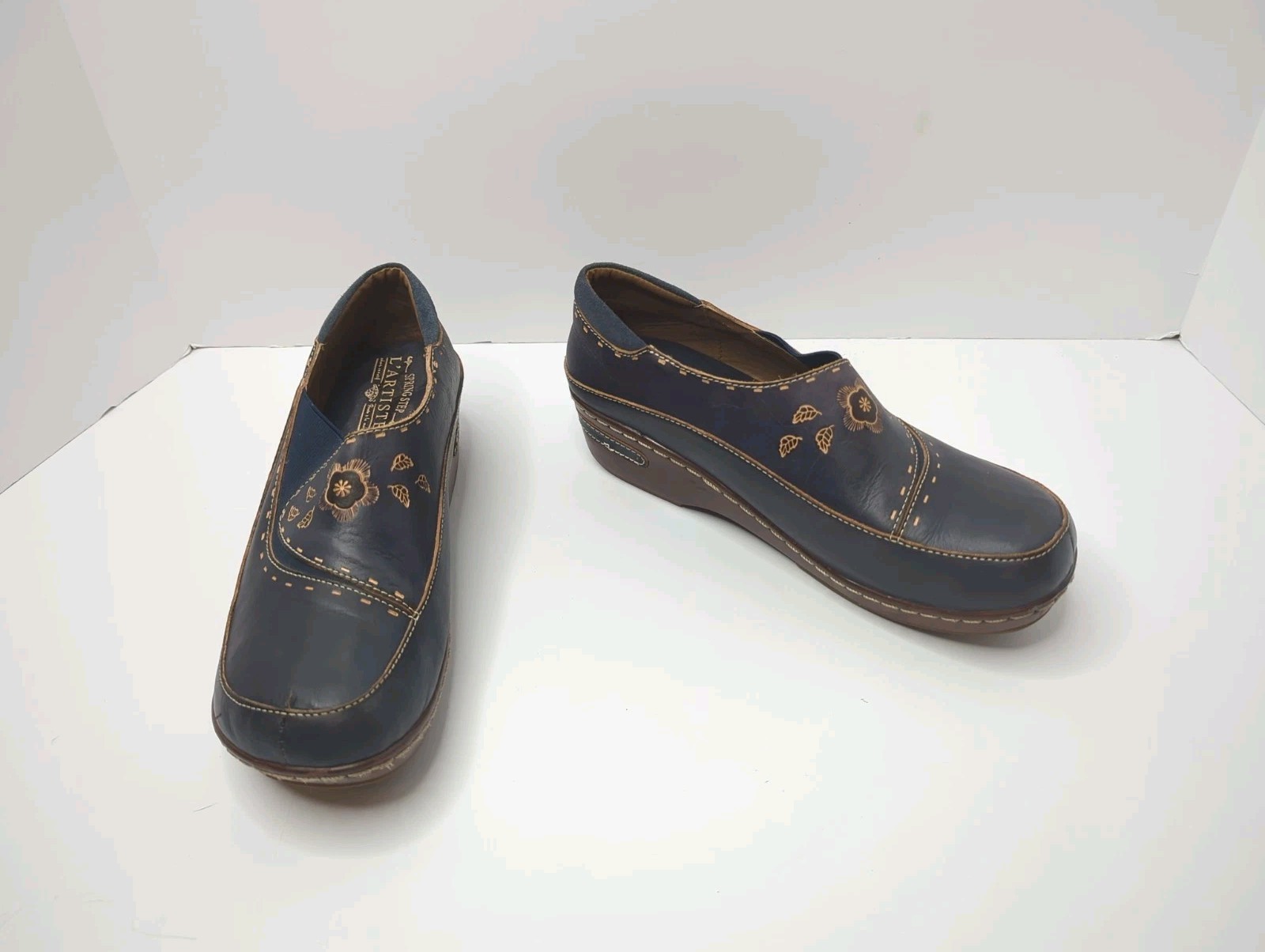 L’Artiste Spring Step Burbank Clogs 41 Mules Navy Blue Tooled Leather Boho 9.5