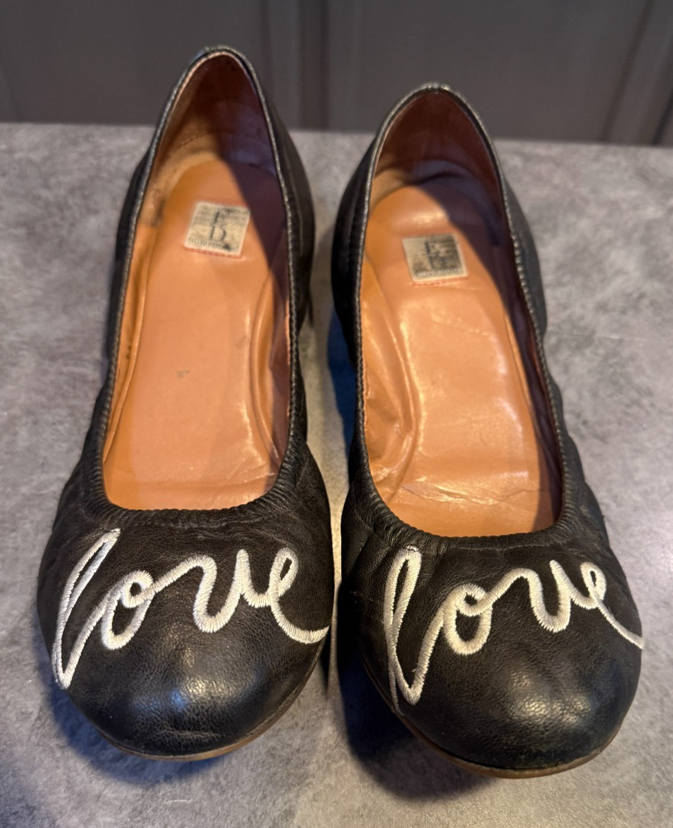 ED Ellen Degeneres Langston Ballet Flats Black Size 9 Embroidered Love Leather